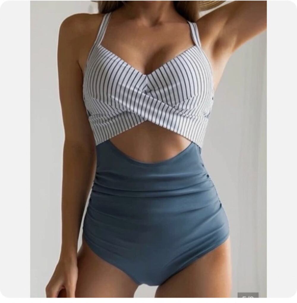 EoMENIE nyon spandex blue white‎ cutout one piece swimsuit women's size large